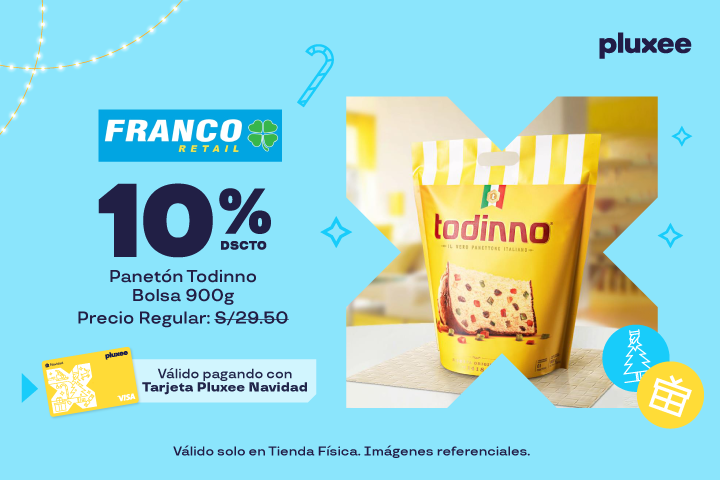 10% DSCTO.PANETÓN TODINNO BOLSA 900G. PRECIO REFERENCIAL A S/.29.50.VÁLIDO SOLO EN TIENDAS FISICAS.